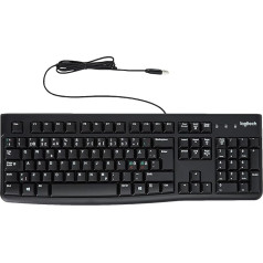 Logitech K120 vadu tastatūra operētājsistēmai Windows, USB ports, Silent Touch, izturīga, noturīga pret šļakatām, regulējams tastatūras statīvs, skandināvu izkārtojums - melns