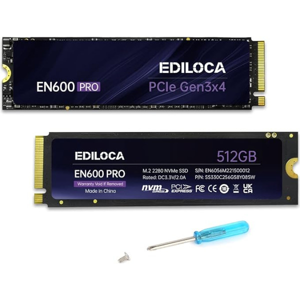 Ediloca EN600 PRO 512GB iekšējais SSD PCle 3.0x4, NVMe M.2 2280, SLC kešatmiņa, 3200MB/s nolasīšana, 2800MB/s rakstīšana, 3D NAND TLC, iekšējais cietvielu disks, saderīgs ar galddatoriem un klēpjdatoriem