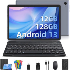 Planšetdators 10 Zoll Android 13, 12GB RAM 128GB ROM (TF 1TB), planšetdators Octa Core 2Ghz Gaming Tablet PC Dual Kamera HD/IPS, 6000mAh akumulators, 5G WiFi Tablet Android mit Tastatur und Maus Type-C BT 5.0 (Grau)