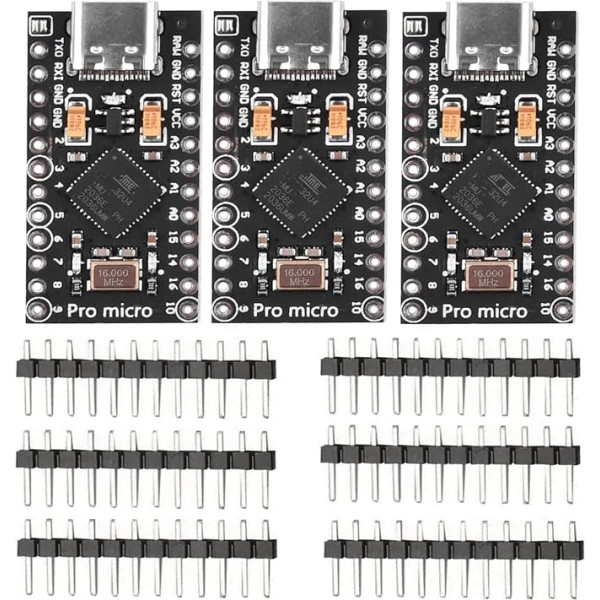 DUBEUYEW Pro Micro ATmega32U4 5V 16MHz C tipa izstrādes moduļa padome ar 2 rindu adatu galveni, saderīga ar Arduino Leonardo (3 gabali)