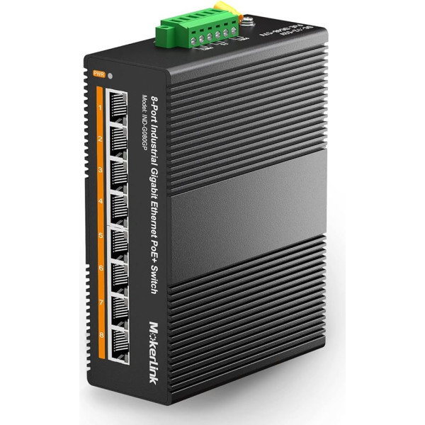 MokerLink 8 porti Gigabit PoE komutators Rūpnieciskais Ethernet uz DIN sliedi ar PoE+ 96W komutācijas jaudu 16Gbps tīkls Nevadāms ar IP40 (-40 līdz 185°F) ar barošanas avotu