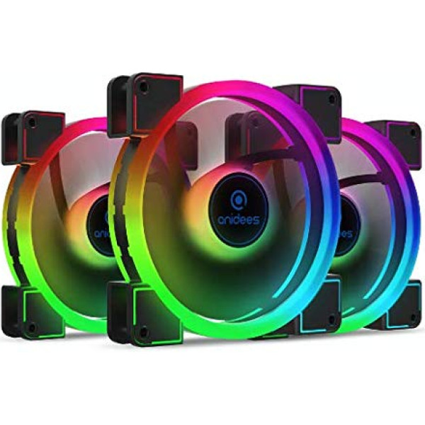 anidees AI Aureola Duo 120 mm 3 detaļu RGB PWM Dual Light Loop ventilators, saderīgs ar 5V 3-pin adresējamu RGB galveni, piemērots PC korpusa ventilatoram, dzesēšanas ventilators ar tālvadības pulti (AI-AR-DUO12)