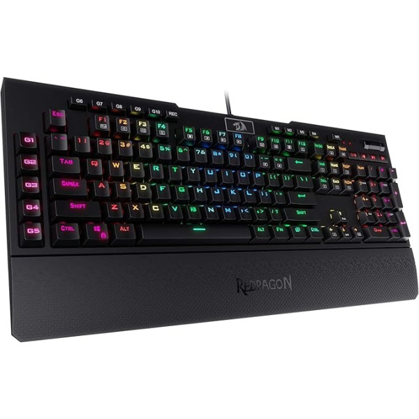 Redragon K586 RGB mehāniskā spēļu tastatūra, 10 īpaši makro taustiņi, ērta multivides vadība un noņemams plaukstas balsts, brūns slēdzis