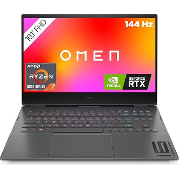 OMEN spēļu klēpjdators, 16,1 collu FHD IPS 144 Hz displejs, AMD Ryzen 7 6800H, 16 GB DDR5 RAM, 512 GB SSD, NVIDIA GeForce RTX 3070Ti, Windows 11, 4 zonu QWERTZ tastatūra ar RGB apgaismojumu, Mica Silver