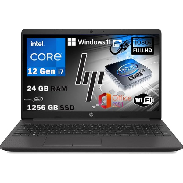 HP Notebook 250 G9 Modell 2023, grafiskais klēpjdators, Intel Core i7 1255U 12. Generation 4,7 GHz, 24 GB RAM, 1256 GB SSD, 15,6 Zoll Full-HD-Display, Win 11 Pro, Office, gebrauchsfertiger Computer