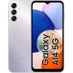 Samsung Galaxy A14 5G, Android viedtālrunis, 6,6 collu dinamiskais AMOLED displejs, 5000 mAh akumulators, 64 GB/4 GB RAM, sudraba krāsā