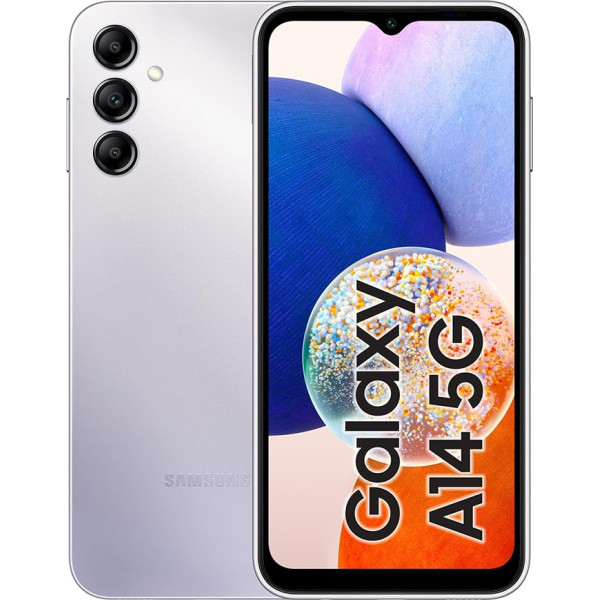 Samsung Galaxy A14 5G, Android viedtālrunis, 6,6 collu dinamiskais AMOLED displejs, 5000 mAh akumulators, 64 GB/4 GB RAM, sudraba krāsā