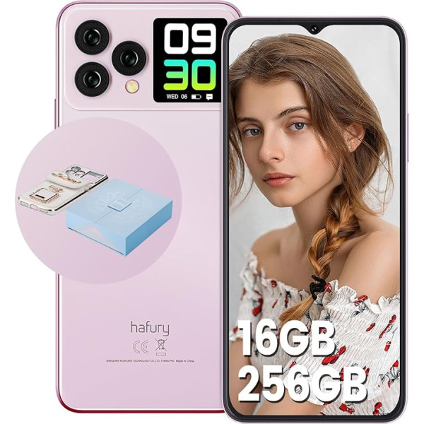 HAFURY V1 viedtālrunis, 16+256GB Handy, Dual SIM Simlockfreie Handys, 6,5 Zoll FHD+ viedtālrunis bez pieslēguma, Android 13 Octa-Core, 1,41 Zoll Rückbildschirm, 64MP+32MP kamera, NFC/OTG, 4G, 2024 Neu, Rosa