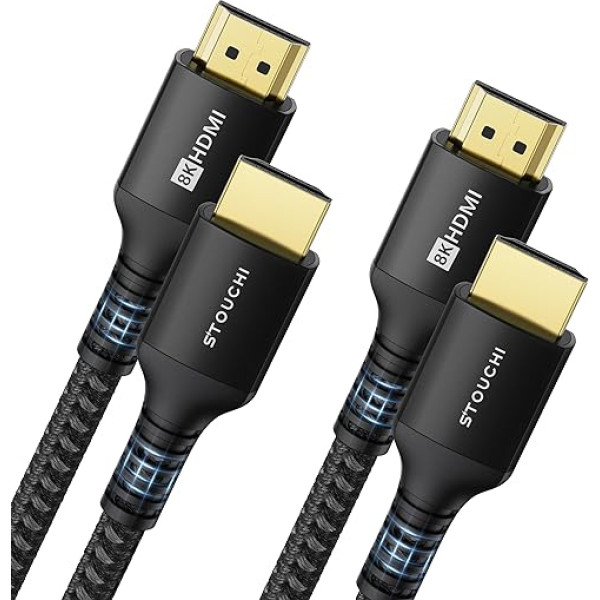 Stouchi HDMI 2.1 kabelis 8K 2 m, Ultra HD 48 Gbit/s ātrgaitas 8K60hz 4K120hz 144Hz 165Hz RTX, DSC eARC Dynamic HDR10 4: 4: 4 HDCP 2.2 un 2.3 Dolby, saderīgs ar TV/PS5/Xbox, melns, 2 iepakojumi