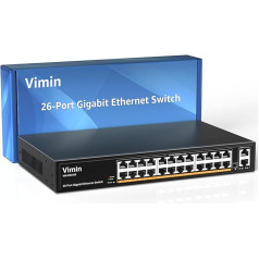 VIMIN 26-port Gigabit Ethernet komutators ar 2 Uplink pieslēgvietām ar 1000 Mb/s, 24 portu nepārvaldāms tīkla komutators, atbalsta IEEE802.3af/at, VLAN, metāla korpuss, darbvirsmas, 19 collu statīvs, uzstādāms uz galda