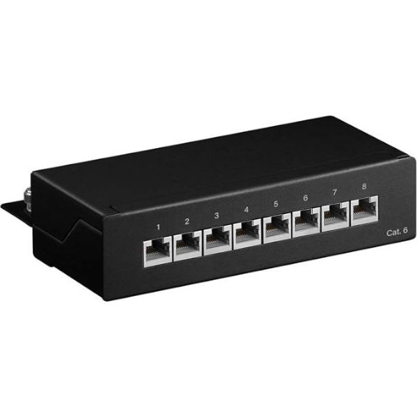 goobay 96105 CAT 6 Patch Panel 8 Port / RJ45 Buchsen Netzwerkstecker / 250 MHz LAN Patchfeld / 1 HE Verteilerfeld / Mini Desktop Patchpanel Wandmontage / Schwarz