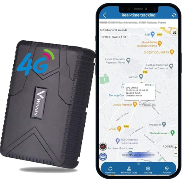 Winnes 4G GPS tracker bez abonementa Auto GPS tracker 120 dienu gaidīšanas laiks Ūdensizturīgs un ļoti magnētisks ar bezmaksas aplikācijām 5 sekundes, lai atjauninātu atrašanās vietas visā pasaulē Reālā laika izsekošana 7800 mAh