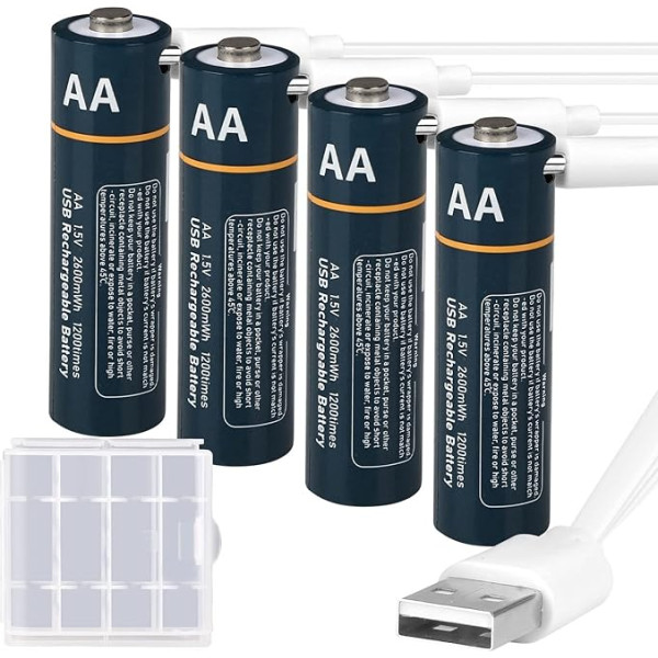 MinSoHi uzlādējamas AA litija baterijas, 1,5 V USB C AA uzlādējamas Li-Ion AA baterijas 2600 MWh ar 4 in 1 uzlādes kabeli, ātra uzlāde 2 stundās, 1200 reižu cikla uzlāde, 4 gab. iepakojumā