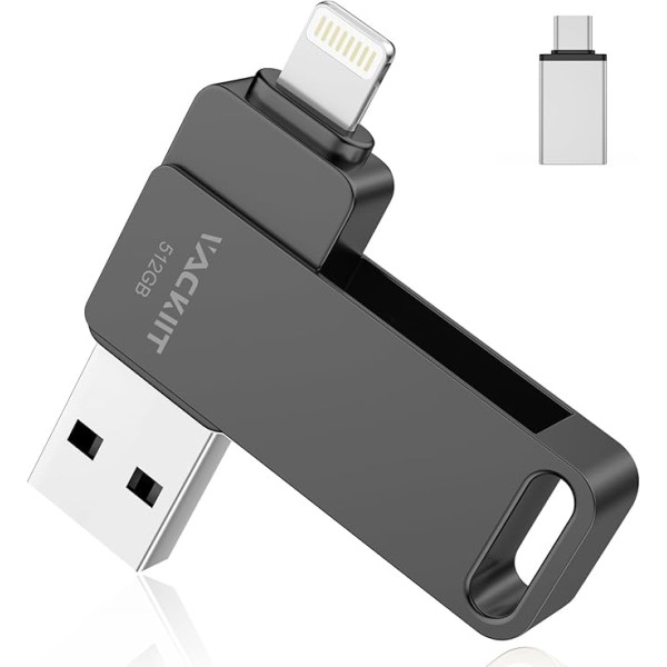 USB Stick 512 GB for iPhone Apple Certified, Vackiit USB C Stick Lightning USB 3.0 Photo Stick iPhone, Memory Extension Stick for iPad, iOS, OTG Android Mobile Phone, PC with MFI Lightning, USB 3.0,