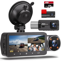 AQV Dashcam Car 2K 1440P+1080P+1080P Dashcam priekšējā aizmugurējā un iekštelpu 3 objektīvu autokamera, infrasarkanā nakts redzamība, ar 64GB SD karti, 3,16 collas, G-sensors, cilpas ierakstīšana, WDR, autostāvvietas uzraudzība Max. 128 GB