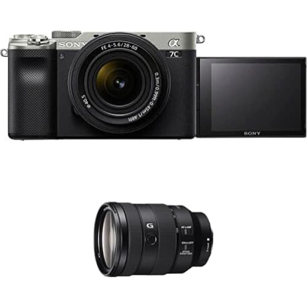 Sony Alpha 7C bezspoguļa bezspoguļa E-Mount pilna kadra digitālais fotoaparāts ILCE-7C (24,2 MP, 7,5 cm (3 collu) skārienjūtīgais displejs, reāllaika autofokuss) ar 28-60 mm un 24-105 mm f4 objektīviem - sudraba/melns