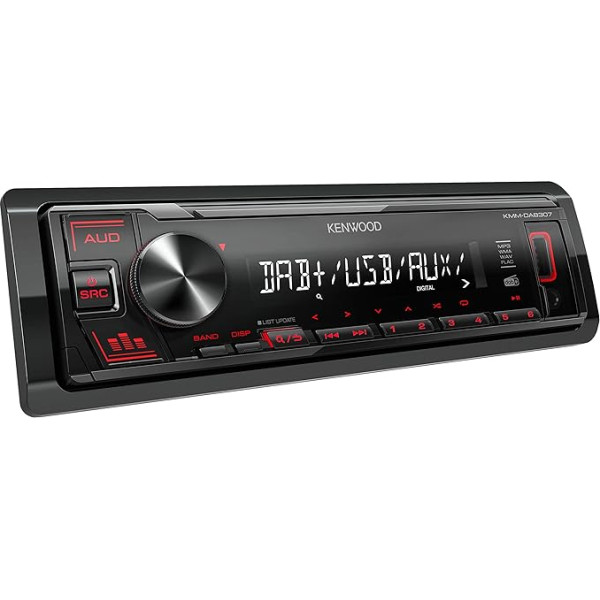 Kenwood KMM-DAB307 USB autoradio ar DAB+/FM (skaņas procesors, USB, AUX, 4 x 50 W, pogu apgaismojums, sarkans, ar DAB+ antenu)