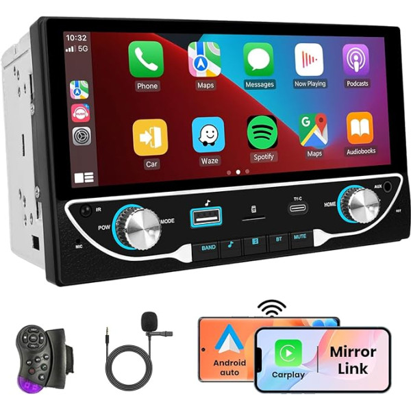 Podofo 2 DIN auto radio bezvadu Carplay Android automašīnas, 6,86 collu skārienjūtīgais Carplay displejs, atbalsta Bluetooth 5.0/Airplay/FM/EQ/SWC/USB/Type-C ievadi