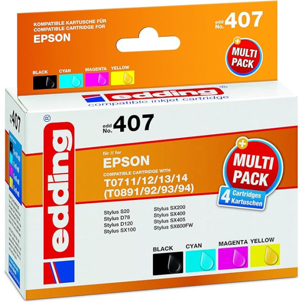 EDD-407 - Multipack 4 - Schwarz, Cyan, Magenta, Gelb - 4x 9ml - Reichweite 1x 270 3x 340 Seiten - Ersetzt Epson T0711/T0712/T0713/T0714