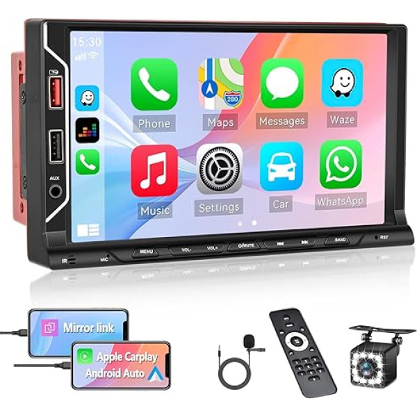 Auto radio 2 DIN ar bezvadu CarPlay Bezvadu Android 7 collu auto audio uztvērējs Auto radio ar Bluetooth 5.1, bezvadu spoguļa saiti, FM, SWC, USB/AUX/TF + atpakaļgaitas kamera