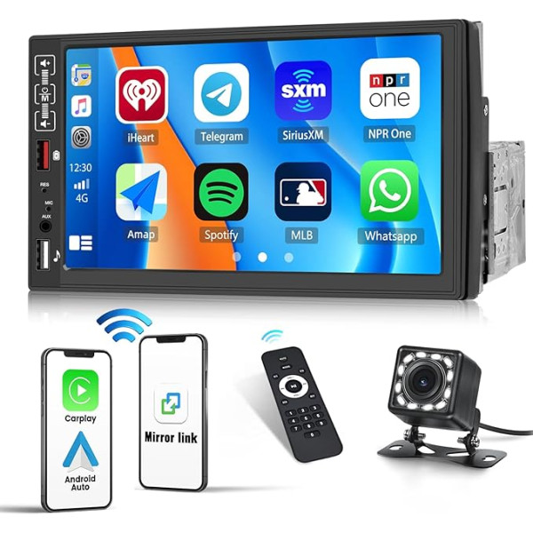 CAMECHO 1 DIN auto radio ar bezvadu Apple CarPlay Android 7 collu ekrāns ar Bluetooth skārienekrānu ar atpakaļgaitas kameru Mirror Link FM radio SWC USB