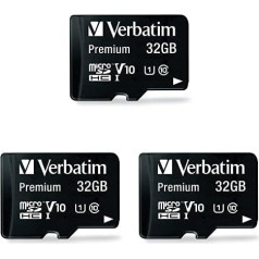 Verbatim 3 iepakojumi Premium Micro SDHC atmiņas kartes ar adapteri - 32 GB - datu glabāšana foto un video ierakstīšanai - Micro SD karte melnā krāsā - ideāli piemērota mobilajam tālrunim, kamerai vai planšetdatoram