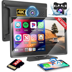 Hikity 4K portatīvais auto radio ar bezvadu Carplay Android auto 10,1 collu Carplay portatīvais monitora displejs Radio ar priekšējo kameru Bluetooth FM spogulis kreisā aizmugures skata kamera + 64G karte