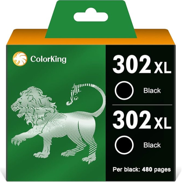 ColorKing atjaunota tintes kasetne HP 302 XL 302XL priekš Deskjet 1110 2130 3630 3632 Envy 4520 4522 4522 4523 4524 4525 Officejet 3830 3831 3835 4650 465 2 522 0 5230 (melna, 2 gab.)