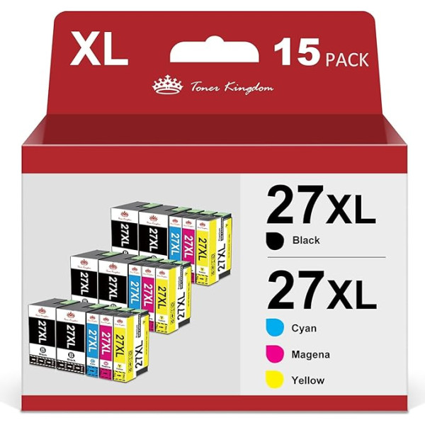 Toner Kingdom 27XL suderinama su Epson 27XL rašalo kasetė, skirta Epson Workforce WF-3620DWF WF-3640DTWF WF-7110DTWW WF-7210DTW WF-7610DWF WF-7620DTWF WF-7710DWF WF-7720DTWF WF-7720DTWF WF-7715DWF (15 vnt.)