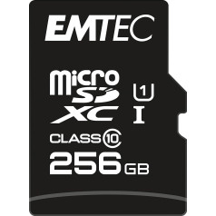 EMTEC ECMSDM64GXC10GP Карта Micro SD Class 10 Elite Gold UHS-I U1 с производительным адаптером, скорость чтения до 90 МБ/с, черный/золотой, 256 ГБ