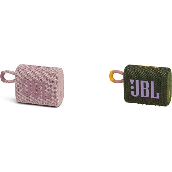 JBL GO 3 Small Bluetooth Box rozā krāsā - ūdensizturīgs portatīvs skaļrunis kustībām - līdz 5 stundām atskaņošanas laika ar vienu akumulatora uzlādi & GO 3 Small Bluetooth Box zaļā krāsā - ūdensizturīgs