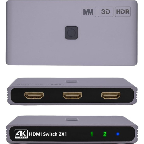 MMOBIEL HDMI komutators 4K @ 60Hz - 2 in 1 Out divvirzienu HDMI komutators - HDMI sadalītājs HDR, 3D - HDMI mezgls televizoram, monitoram utt. - Saderīgs ar Apple TV, PS5/4 utt. Vienlaikus 1 displejs - Alumīnijs