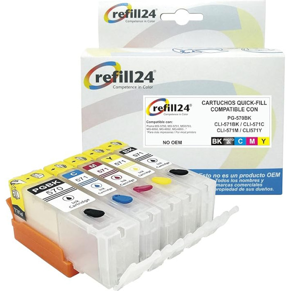 refill24 Atkārtoti uzpildāmas kasetnes ar automātiskās atiestatīšanas mikroshēmām, kas saderīgas ar Canon PGI-570 + CLI-571 priekš Pixma MG5750 MG5751 MG5752 MG5753 MG6850 MG6851 MG6852 MG6853 TS5055 TS6050 TS6055 1 TS601126 UK