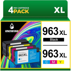 KNOWINK 963 XL 963XL kasetės, suderinamos su HP 963 spausdintuvo kasetėmis, skirtos HP Officejet Pro 9012e 9010e 9014e 9015e 9019e 9022e 9025e kasetėms (juoda, žydra, geltona, purpurinė, 4 pakuotės)