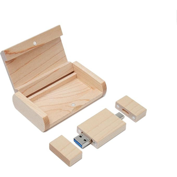 Yaxiny Maple Wood Box USB C Flash Drive 32 GB 1 Piece, OTG USB C Pen Drive, USB 3.0 and USB C Flash Drive, Type C Memory Stick for USB A + USB C Android Smartphone