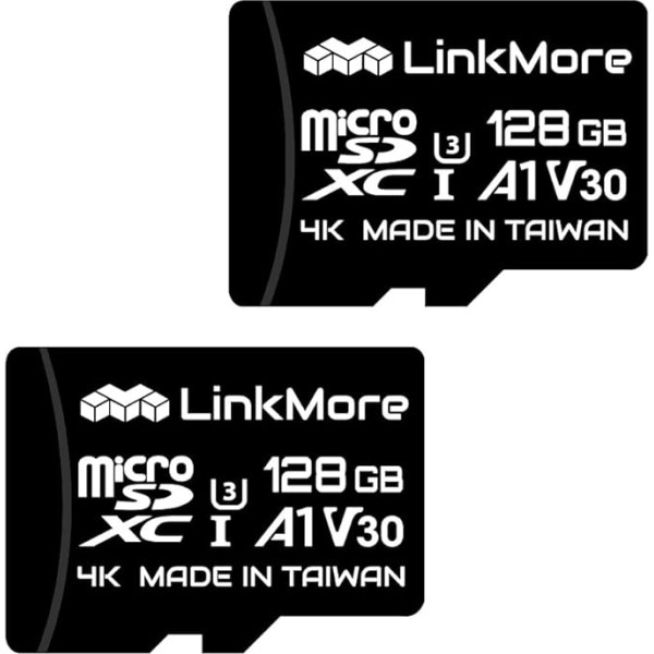 LinkMore 128 GB XV13 (Agon 2 Pack) Micro SDXC-Karte, A1, UHS-I, U3, V30, saderīga ar 10. klasi, ātrums līdz 100 MB/s, ātrums līdz 40 MB/s, SD adapteris ir iekļauts piegādes komplektā