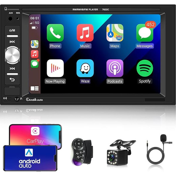 Apple Carplay auto radio 2 DIN ar Android auto Bluetooth brīvroku komplekts 6,2 collu skārienjūtīgais ekrāns ar spoguļa saiti FM/USB/AUX/EQ/TF stūres vadības stūres rata vadība + atpakaļgaitas kameras mikrofons tālvadības pults