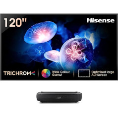 Hisense 120L9G-A12 RGB trichroma lāzerprojektors (120 collu kino ekrāns, 4K lāzertelevīzija, UHD, HDR, VIDAA U4 Smart TV, trīskāršs uztvērējs, četrkodolu procesors)