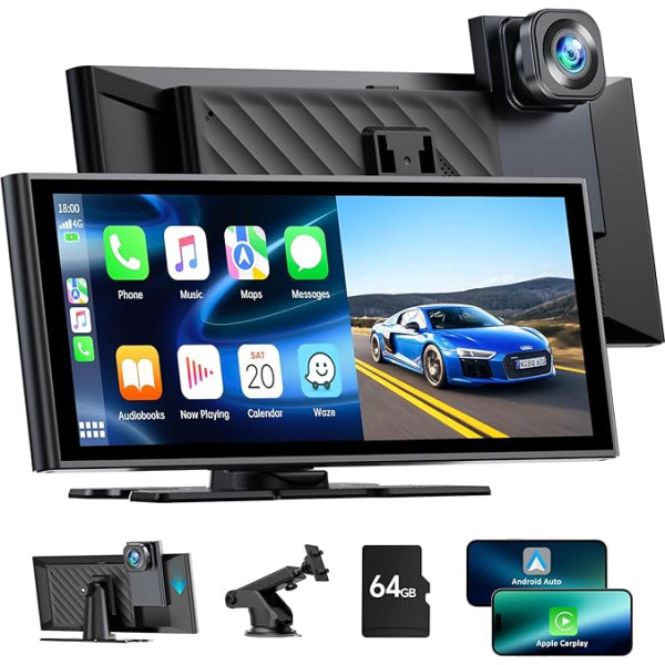 Bezvadu autoradio Apple Carplay un Android automašīnai ar 4K Dash Cam priekšā, pārnēsājams 9,26 collu auto atskaņošanas skārienjutīgais ekrāns ar auto radio uztvērēju ar cilpas ierakstīšanu/GPS/FM/Siri/Google/Bluetooth/Mirror Link/64G