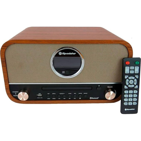 Roadstar HRA-1782NBT Vintage Music Device FM Digital Radio CD MP3 Player Bluetooth USB Recording and Playback AUX IN RCA Remote Control Headphone Jack Retro Wood