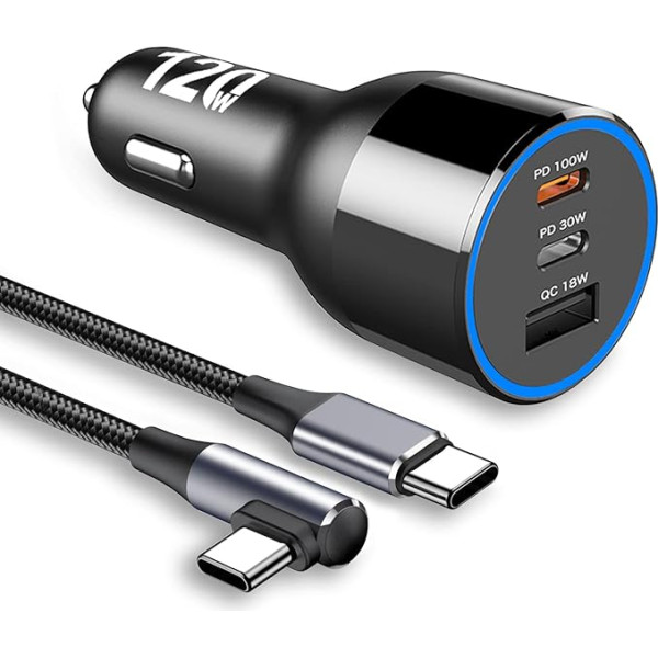 120 W auto lādētājs USB C, 12 V/24 V cigarešu aizdedzinātāja USB ar 3 pieslēgvietām PD 100 W 30 W, PPS 45 W, QC 18 W auto lādētāja adapteris MacBook Pro Air portatīvajam datoram iPhone 14 13 Samsung S23 S22 (ar 100 W USB-C)