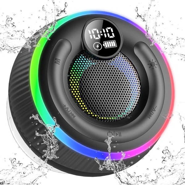 Dusche Lautsprecher Dusche Bluetooth, Tragbare Bluetooth Lautsprecher Dusche Wasserfest IPX7, Duschlautsprecher Mit Saugnapf, Dusche Lautsprecher Mit Licht, Stereo Duschradio, LED-Anzeige, Freisprech Funktion