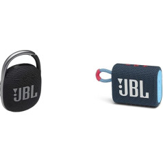 JBL Clip 4 Bluetooth skaļrunis melnā krāsā - ūdensnecaurlaidīgs pārnēsājams mūzikas skaļrunis ar praktisku karabīni un GO 3 neliels Bluetooth skaļrunis zilā un rozā krāsā