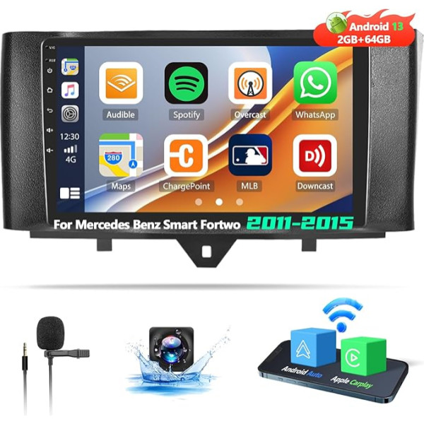 OiLiehu 2G+64G Android 13 Doppeldin Radio Carplay Android Auto für Mercedes Benz Smart Fortwo W451 2011-2015 Autoradio Mit Bildschirm 9 Zoll Unterstützung Equalizer/Bluetooth/FM RDS/WiFi/GPS