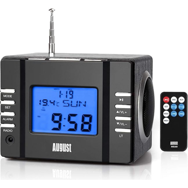 August MB300 Radiowecker FM Uhrenradio mit MP3 Player Stereoanlage Termometrs SD 3.5 Line - In Buchse Alarmton per Radio MP3 oder einfachem Alarmton Sleep Timer Infrarotfernbedienung komplett schwarz