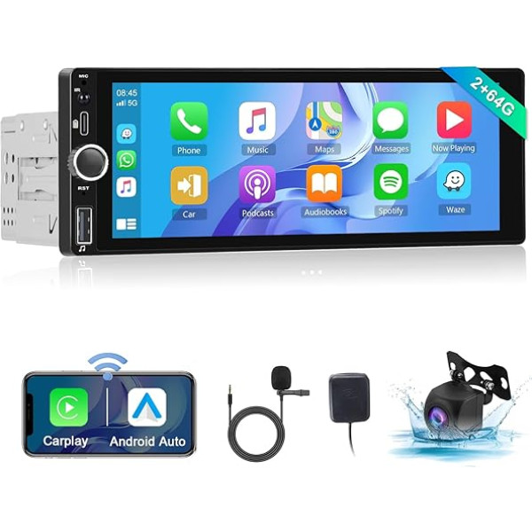 Hodozzy Apple Carplay Android 1 DIN auto radio ar 6,86 collu skārienekrānu, Bluetooth auto radio ar Android auto GPS WiFi spoguļa saiti ar RDS/FM/USB/TF un atpakaļgaitas kameru