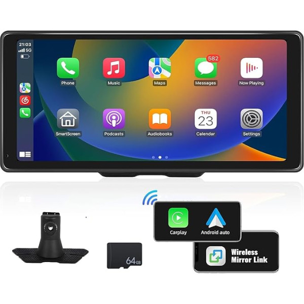 CAMECHO 10,36 collu portatīvais auto radio ar bezvadu CarPlay un Android Car ar 64 GB TF karti, skārienjūtīgais ekrāns ar Bluetooth, AUX-in, FM raidītājs, balss vadība 7-32 V visiem transportlīdzekļiem