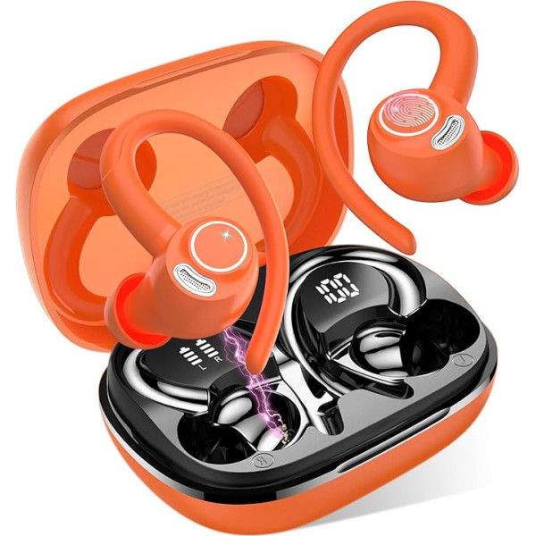 Bluetooth Kopfhörer Sport, in Ear Kopfhörer Kabellos Bluetooth 5.3 mit HD Mic, Herausragender Sound, 40 Std Spielzeit, Comfort Fit, Dual LED-Anzeige, IP7 Wasserdicht Ohrhörer mit Ohrhaken, Orange