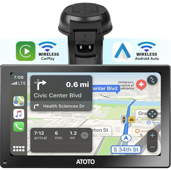 ATOTO P5 QLED auto radio pārnēsājamā automobiļa navigācija, bezvadu Carplay un bezvadu Android Car, automātiskā apgaismojuma funkcija, Bluetooth, AUX/FM izeja, P507SD-2024