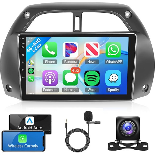 8 kodolu 4G + 64G Android 13 Auto radio 2 DIN Toyota RAV4 2001-2006 ar bezvadu Apple Carplay Android auto navigācija GPS WiFi 9 collu auto radio ar Mirror Link Bluetooth FM/RDS/DAB+/OBD2/DVR